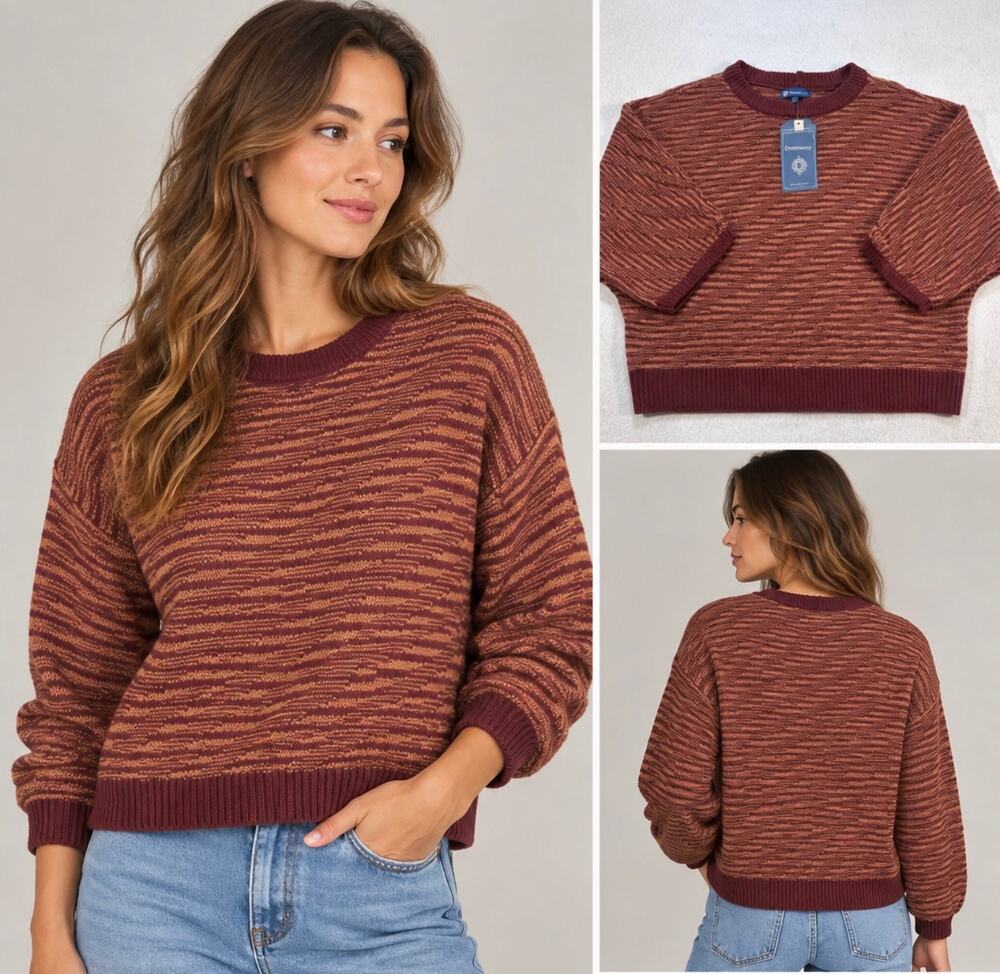 Democracy Womens Maroon Striped Knit Crewneck Sweater Pullover NWT size large